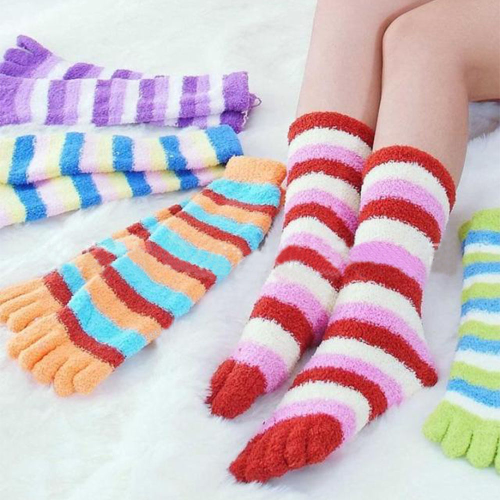 Stripes Wholesale Colorful Women's Girl Stripe Fuzzy Warm Toe Socks